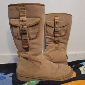 UGG AUSTRALIA TALL CARGO BOOTS TAN LEATHER POCKET SIDE ZIPPER WOMENS SZ 9 USA!